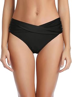 TemptMe Women's Twist Ruched Bikini Bottoms - High Cut V-Shape Moderate Cheeky Coverage Swimsuit