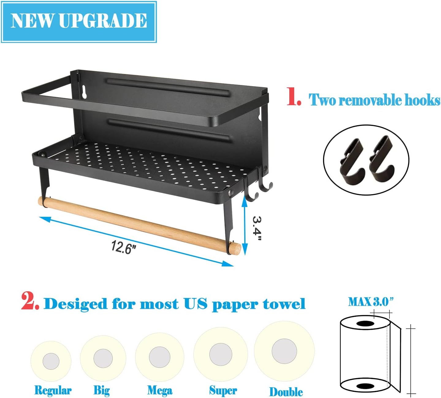 Magnetic Paper Towel Holder, 2-in-1 Magnetic Spice Rack with Hooks,Wall Mount Shelf Towel Rack for Refrigerator (Black, With hook) - Image 3