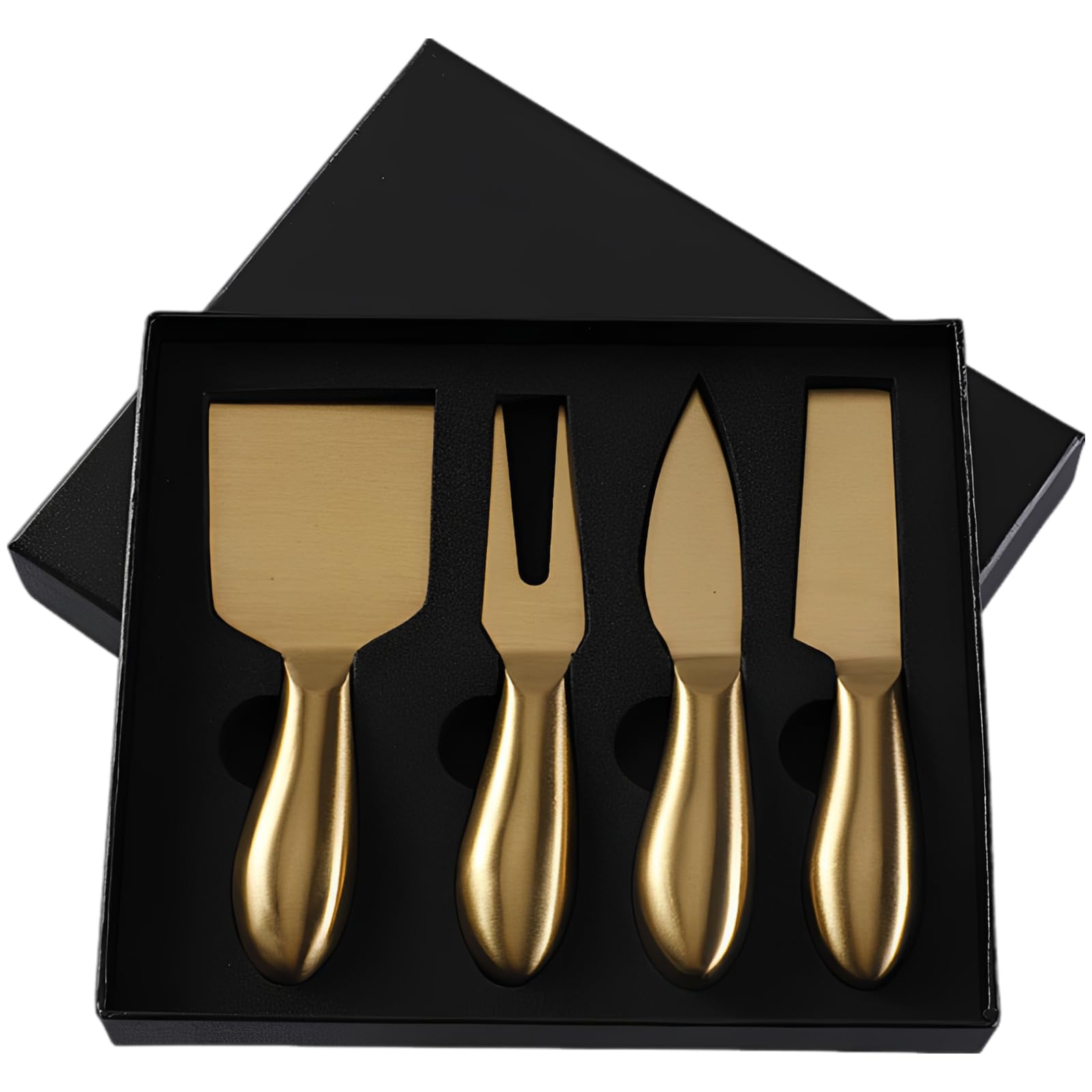 Lot de 4 couteaux à fromage dorés, couteau, fourchette et pelle à fromage en acier inoxydable avec poignée creuse, accessoires pour plateau de charcuterie, coffret cadeau pour crémaillère et mariage