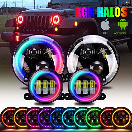 DOT Approved 7 Inch LED RGB Headlight,7” Round DRL Headlamp Flashing RGB Angel Eye Halo Ring+ 4