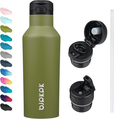 Miniatura 7 de BJPKPK Botella de agua aislada con pajilla, botellas de agua de acero inoxidable de 25 onzas con 2 tapas y asa de transporte, botella térmica de