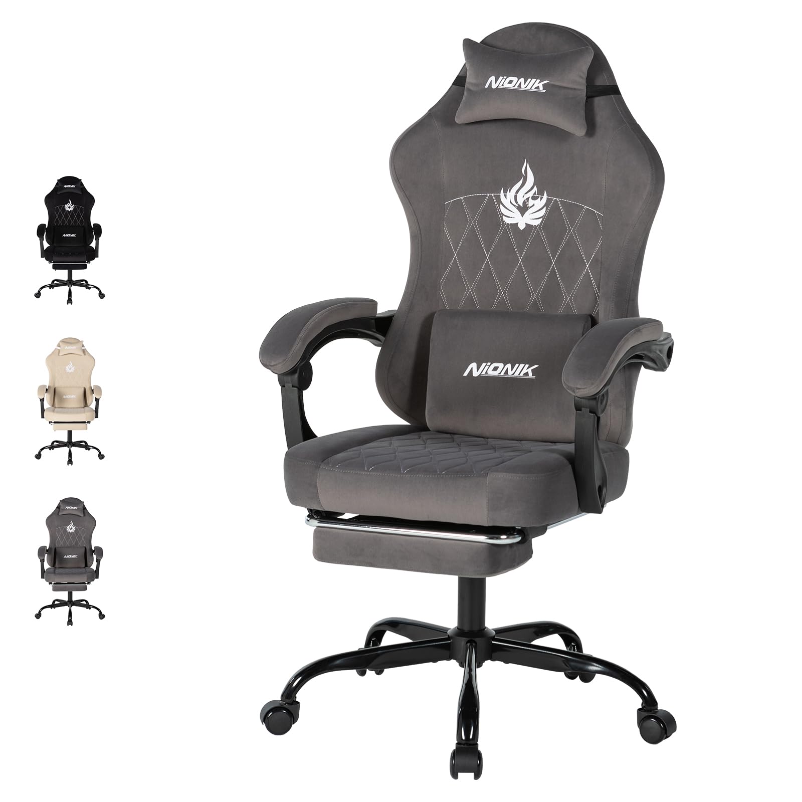 NIONIK Massage Gaming Chair with Footrest, Ergonomic Office Chair with Lumbar Support and Headrest, Breathable Fabric Adjustable Height Computer Seat for Home Office,Gray