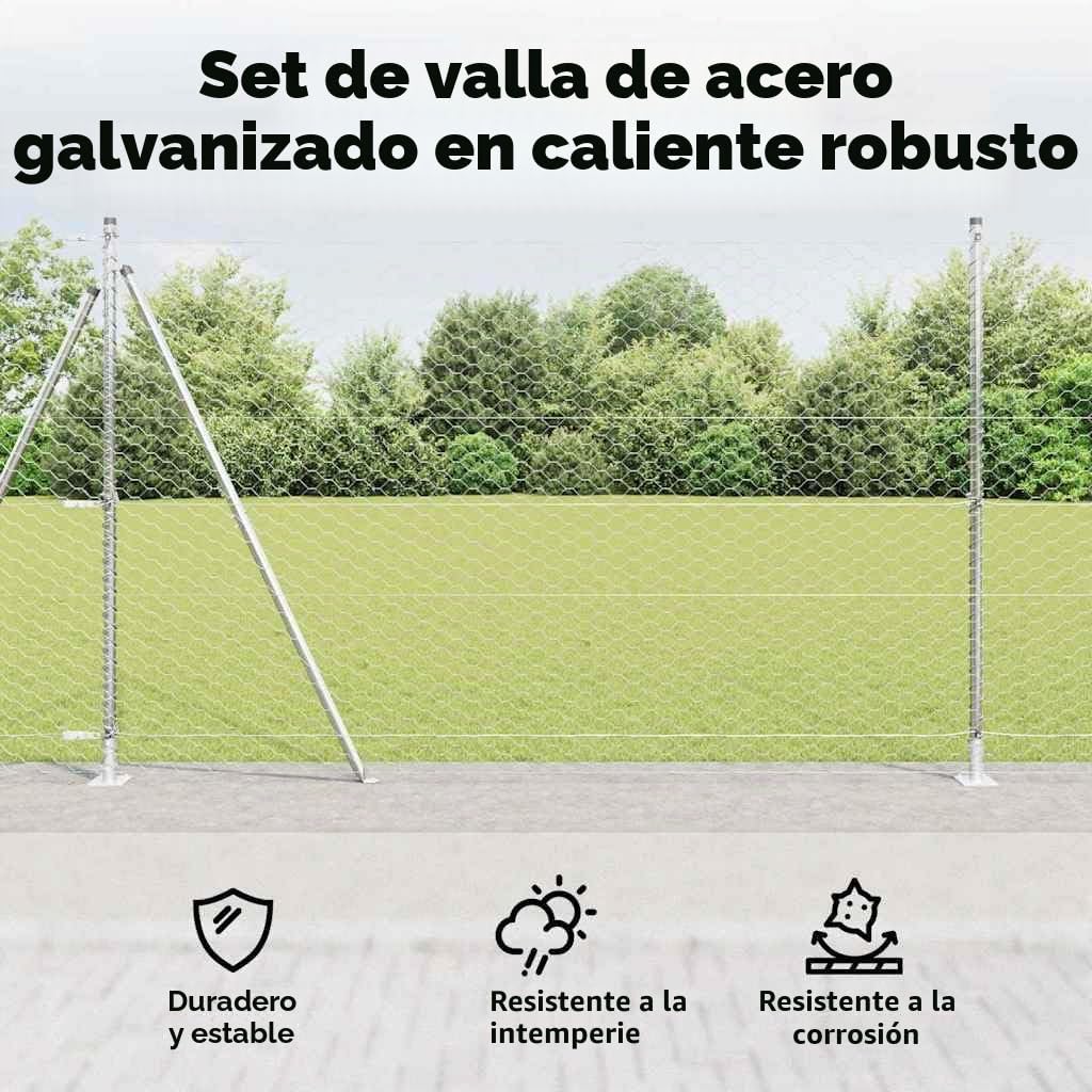 vidaXL Cerca Hexagonal 1.4 x 10m de Acero Galvanizado | Vallado Exterior Fuerte, Kit Completo de Montaje Fácil con Postes y Accesorios, Barrera de Jardín y Panel de Terraza para Seguridad y Privacida