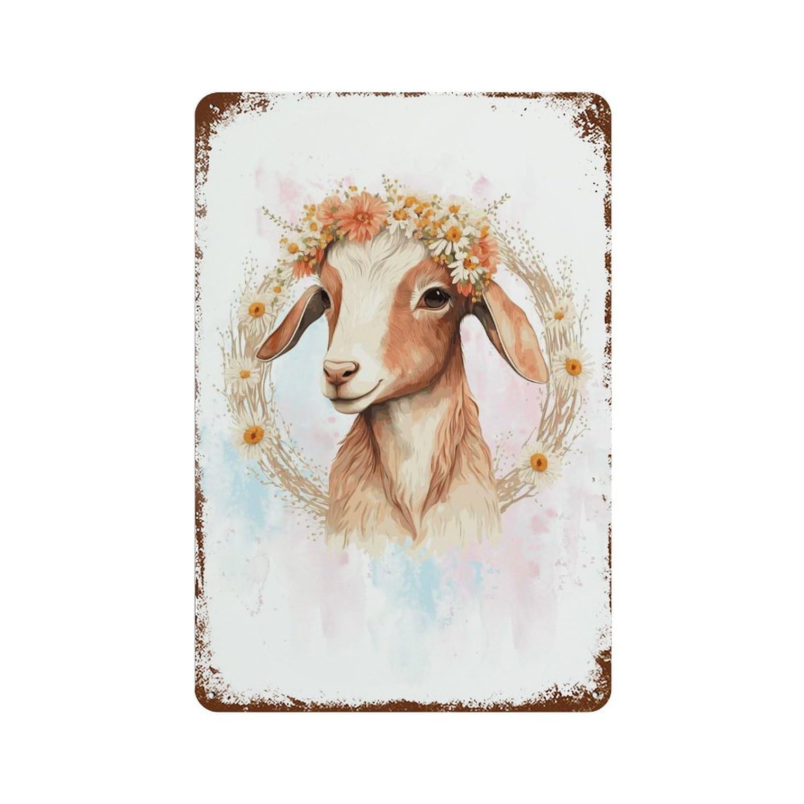 Floral Baby Goat Painting Rusty Metal Tin Sign 11.8"x7.9", Vintage Wall Decor for Garage, Pub Or Kitchen
