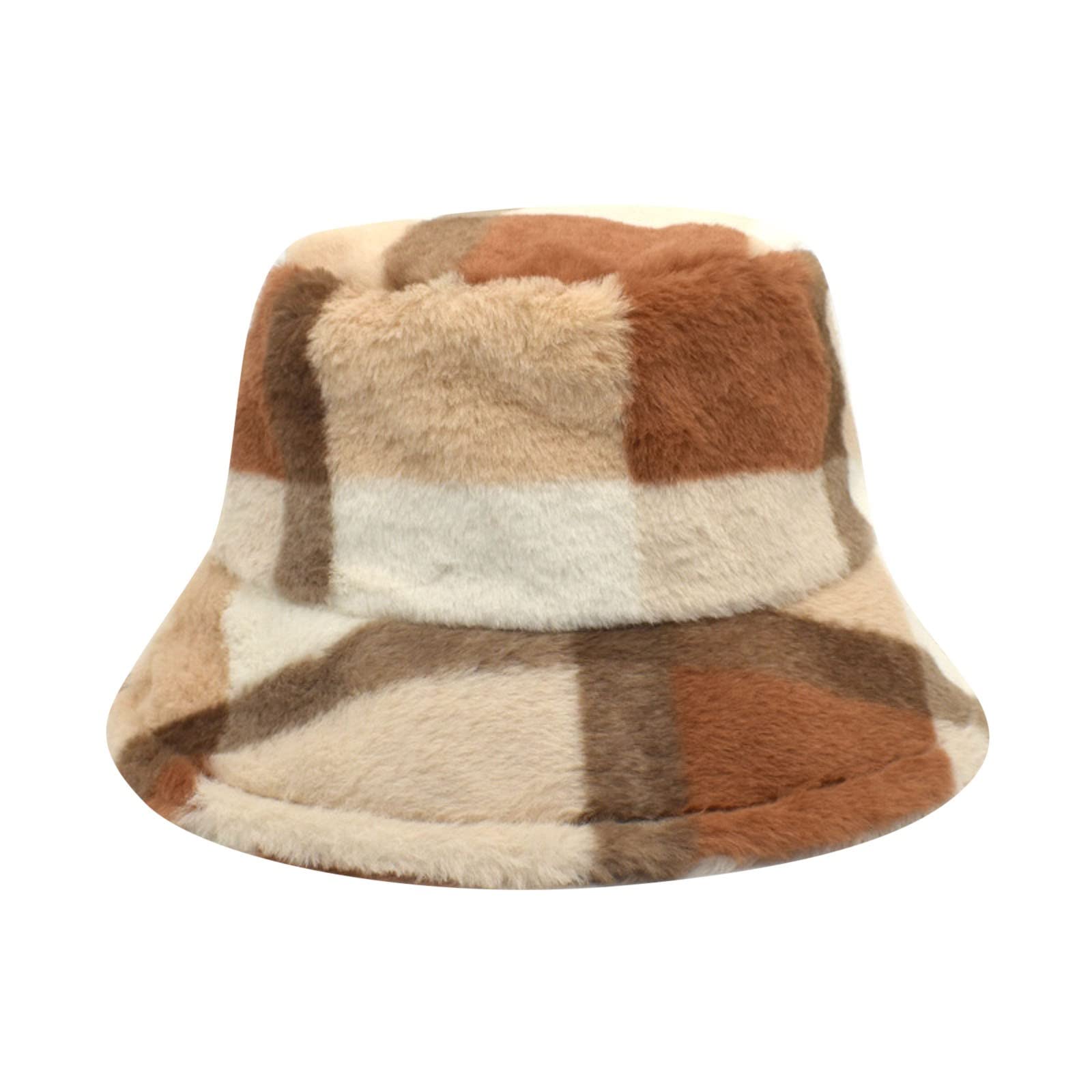 LOIJMK Winter Hat Women's Warm Bucket Hat Fuzzy Patchwork Plaid Hat Female Korean Version of Outdoor Pot Hat Net Red Warm Winter Hat Fishing Hat