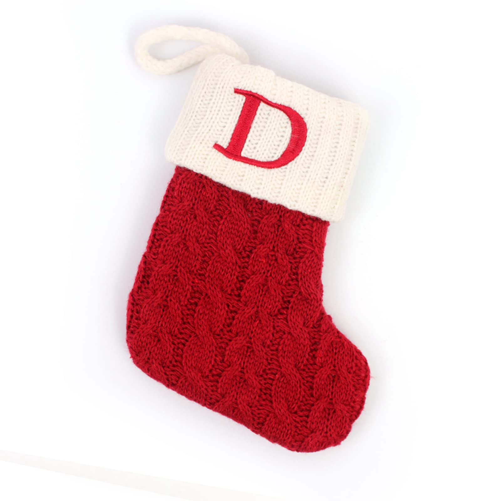Initial Letter Christmas Stocking White Snowflake Knitted Christmas Tree Stockings Decorative Sock Hanging Ornament for Mantel Fireplace (Red D, 7inch)