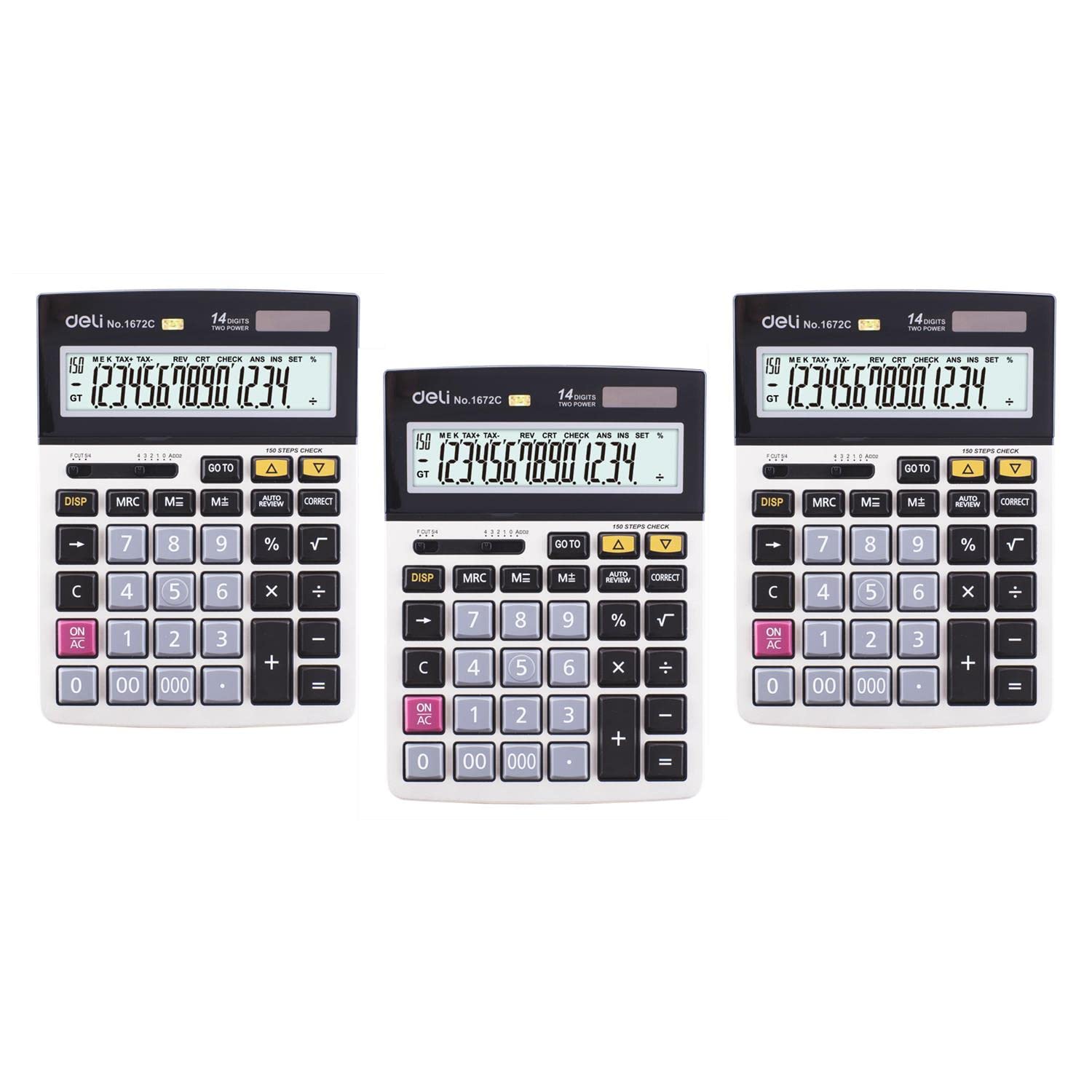 DELI Lote de 3 calculadoras de escritorio de metal, 14 dígitos, 150 controles