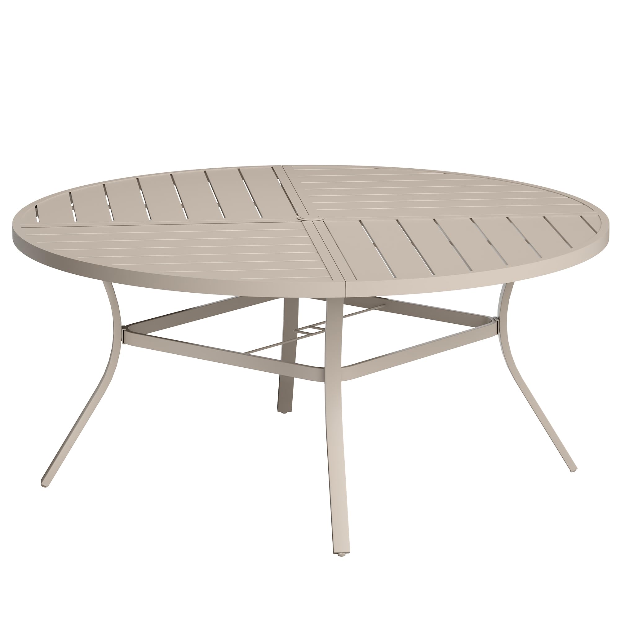 VICLLAX Round Patio Table with Adjustable Umbrella Hole for 8, All Weather Metal Outdoor Dining Table for Lawn Garden, 59.8" Outdoor Coffee Table, Cream Color Frame