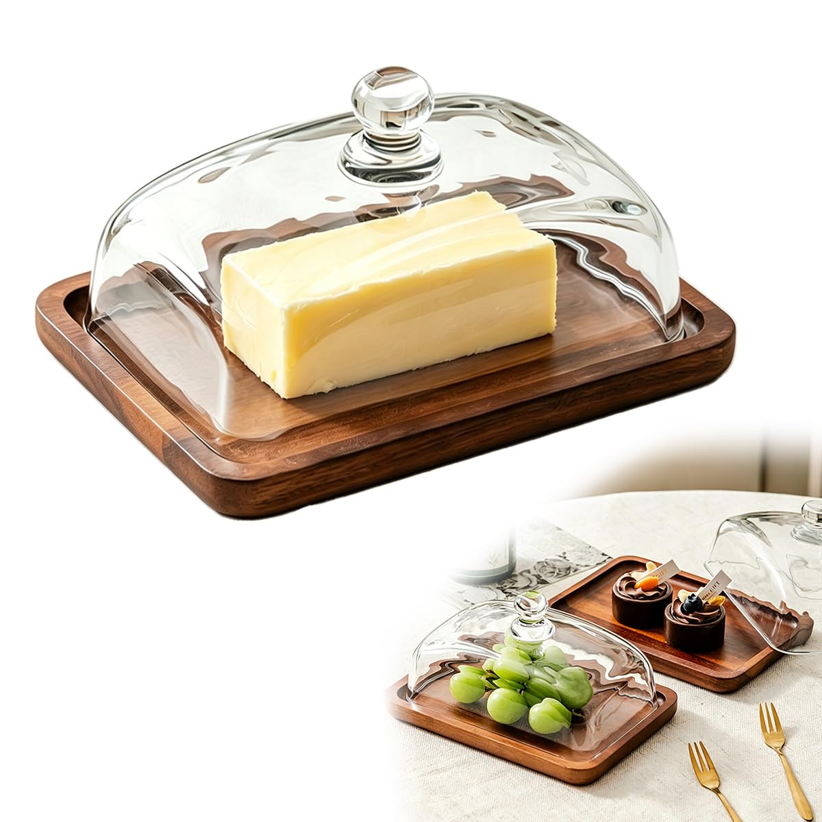 Vurixfo Butter Dish with Glass Lid, Acacia Wood Cheese Dish with Lid Kitchen Storage Butter Cheese Keeper Holder Container for Storing Butters Desserts Cakes Pastries, 18.3x12.8x9.5cm