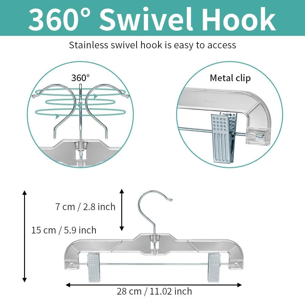 Crystal Clear Plastic Pants Hangers 20 Pack, with Strong Metal Clips, Skirts, Trousers, Trunks, Swim Suits, Teenagers, Heavy Duty, Acrylic 11 inch