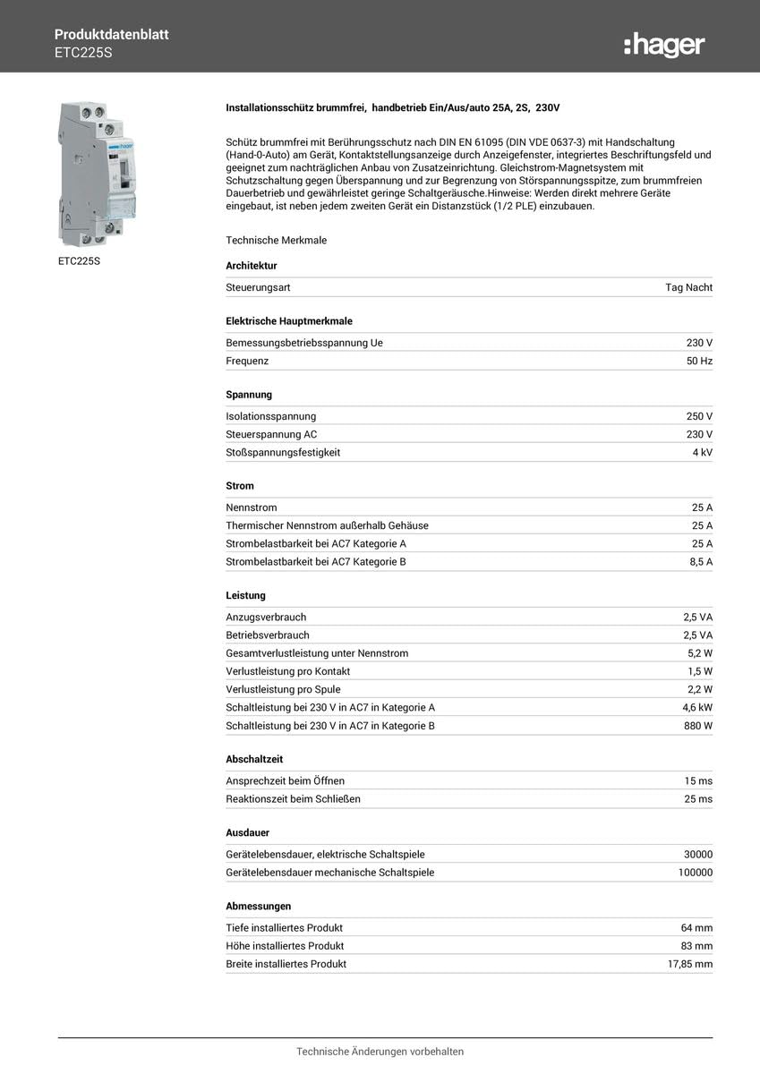 Hager ETC225S – Contacteur silencieux Jour/nuit 25 A 2na 230 V