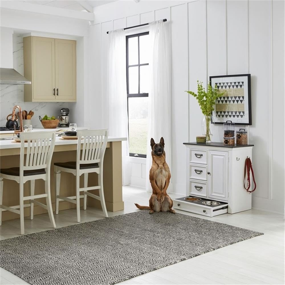 Pemberly Row Pet Feeder with Feeding Tray, Wirebrushed White and Charcoal Finish, Pine Solids and Oak Tops, 32 in W x 17 in D x 32 in H, 4-Drawer Floor Standing Design, Cottage Style Living Room Pet