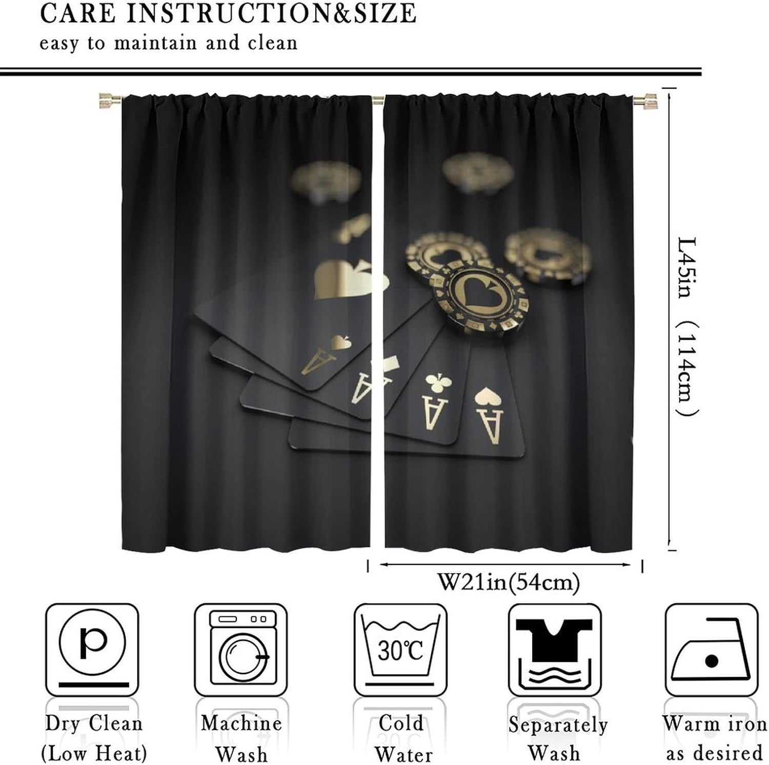 Poker Casino Theme Curtains, Chips and Poker Cards Print Light Blocking Window Curtains Room Darkening Drapes for Living Room Bedroom Kitchen 42x45in