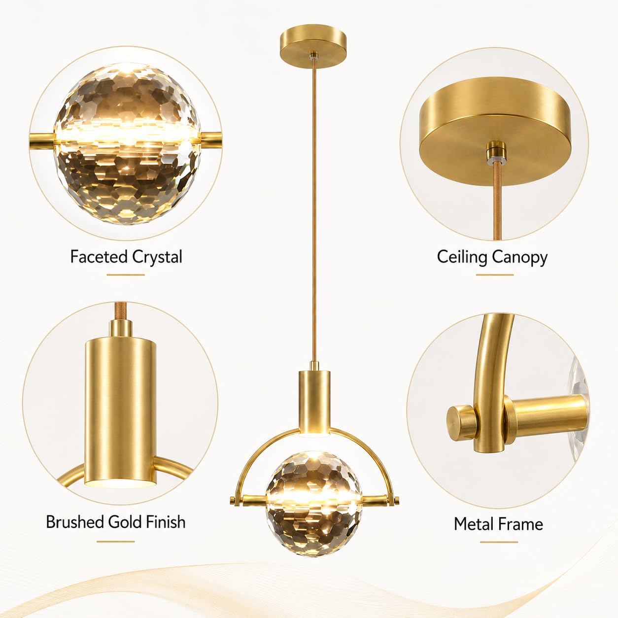 Lámpara colgante de cristal facetado con estructura metálica para comedor.