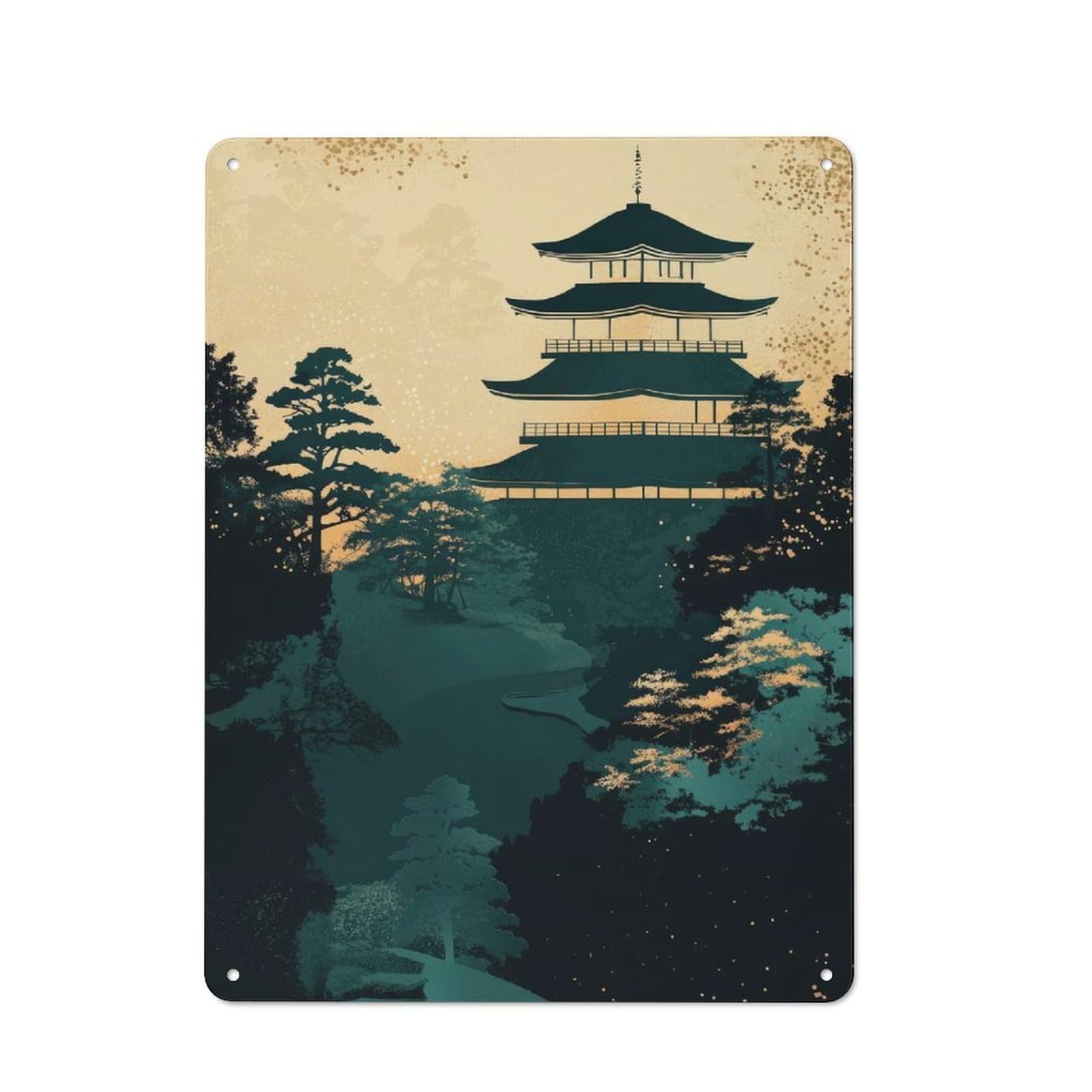 Junmoney Japanese Pagoda Landscape Kintsugi Bistro Style Decorative Metal Plaque 40X30cm, Bistro Wall Plaque For Tea Room, Shop Wall Or Breakfast Area