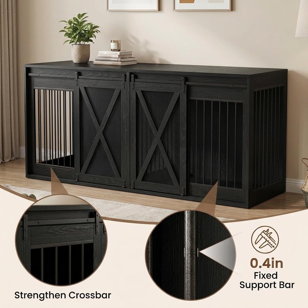 Cushore 94 Inch Double Dog Crate Furniture for 2 Large Dogs, Dog Kennel TV Stand Large Breed, Farmhouse Dog Cage Furniture with Center Divider, XXXL Dual Dog Crate Entertainment Center, Black