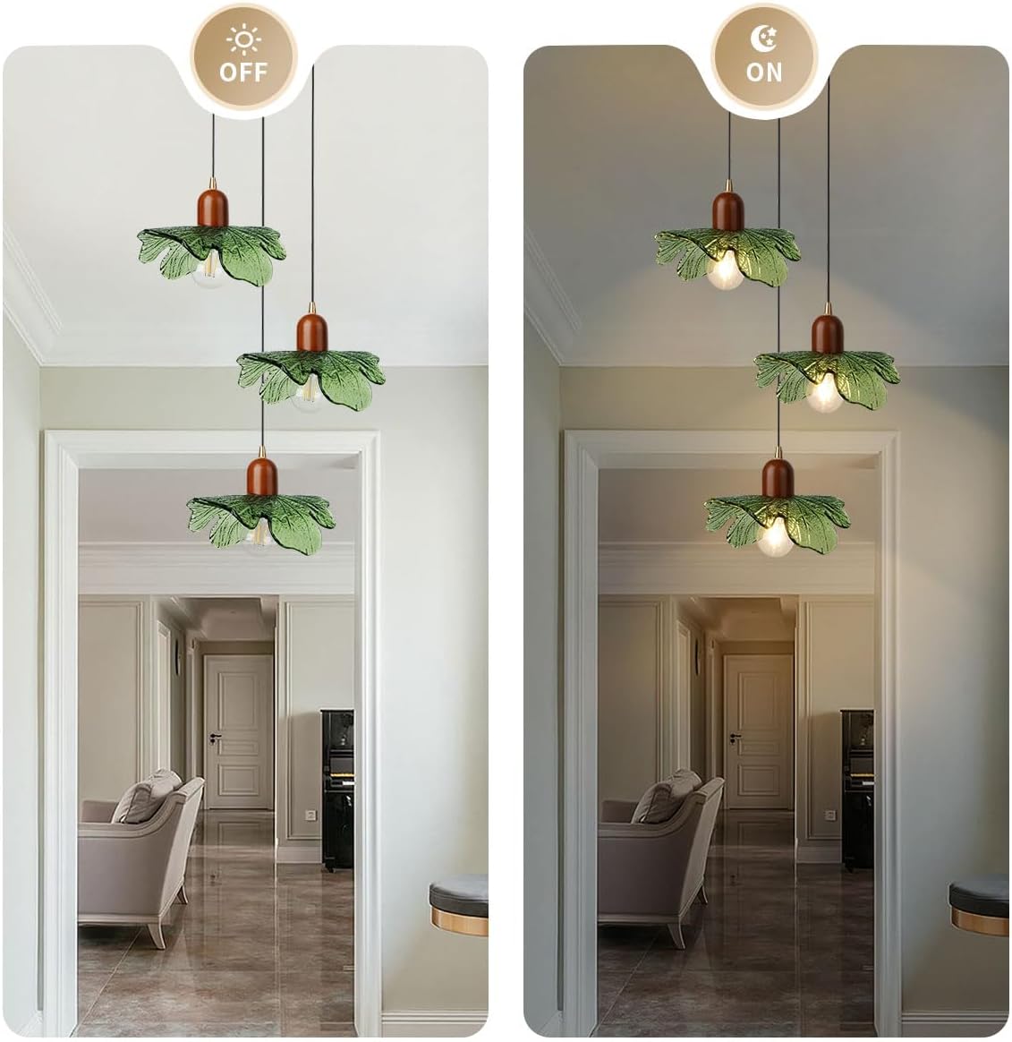 Mid Century Chandeliers 3-Light Green Glass Hanging Pendant Lamp Art Decoration Light Fixtures Walnut Wood Black Vintage Chandelier for Dining Room, Living Room, Bedroom