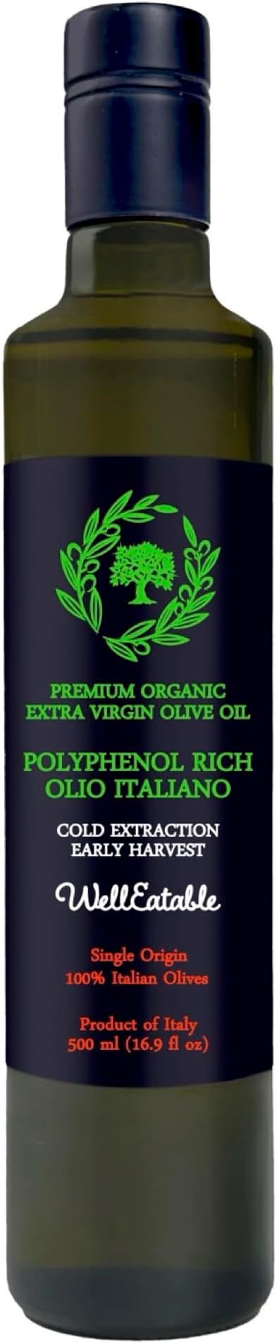 WellEatable Polyphenol Rich (+800mg/kg) Fresh Early Harvest Olio Italiano, Organic Olive Oil, Extra Virgin Olive Oil from Italy, Lab Tested Nutritional Values, 16.9 fl oz