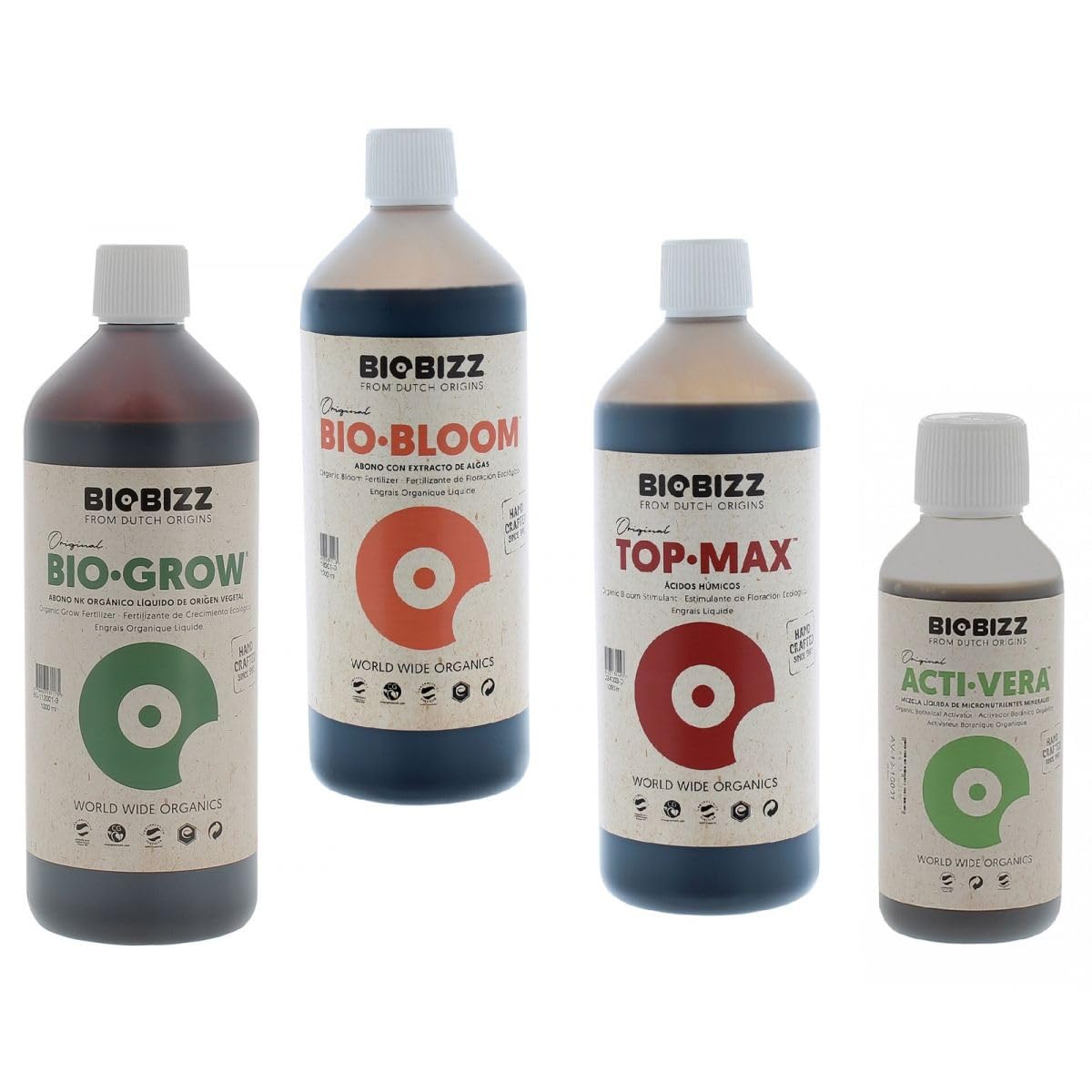 Pack d'engrais Biobizz: Bio Grow + Bio Bloom + Top Max en bouteilles de 1 litre et Acti-​vera en 250ml