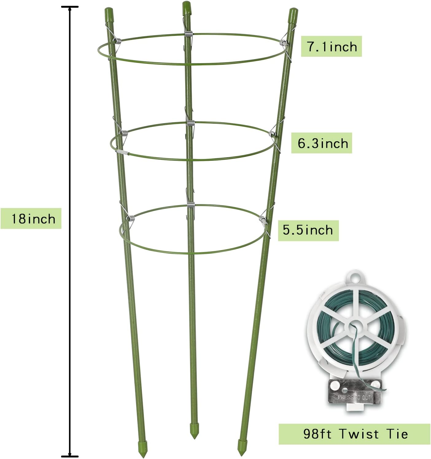 6 Pack Plant Support Cages 18 Inches Small Tomato Cages and Supports with Adjustable Rings for Garden Pots, Climbing Plants, Bonus 98 Feet Twist Ties