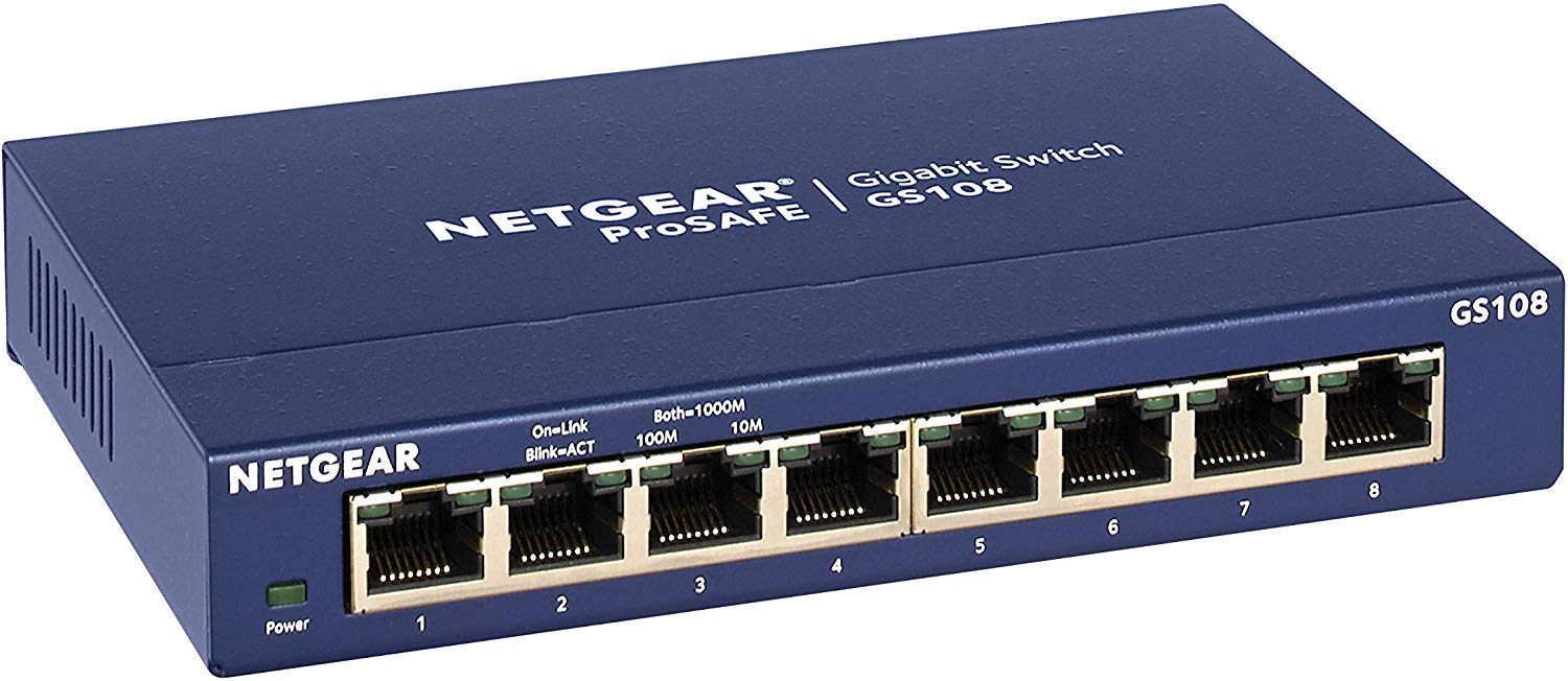 Netgear GS108GE Switch Métal 8 Ports Gigabit Non Manageables ProSAFE, Garantie à Vie & Amazon Basics Câble réseau Ethernet RJ45 catégorie 6-1,5 m - 5 câbles