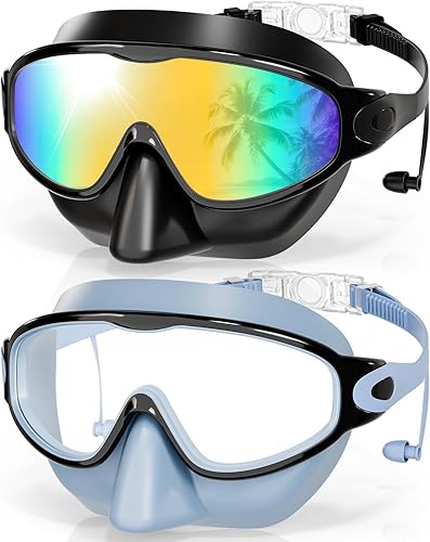 Aegend Gafas de natación con cubierta para la nariz, paquete de 2 máscaras de natación de visión amplia, antivahoUV