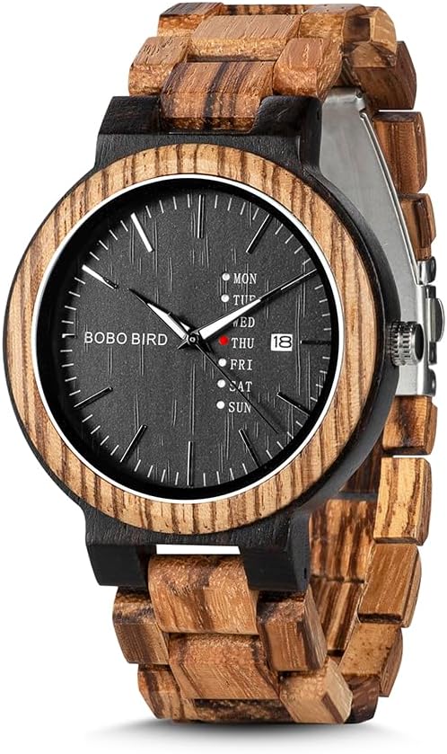 Week and Date Multi-Functional Display Men's Zebra Wooden Quartz Watch Lightweight Handmade Casual Wristwatches with Gift Box