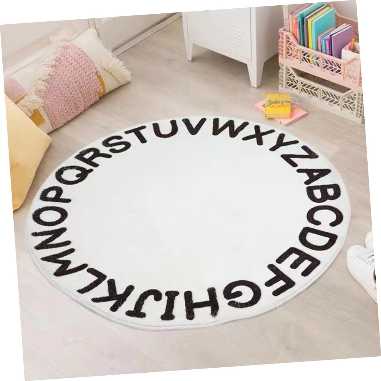 Healifty Non Slip Round Area Mat with White Alphabet Design Washable Floor Rug for Bedroom and Living Soft Skin Friendly Carpet for Home Decor and Safety