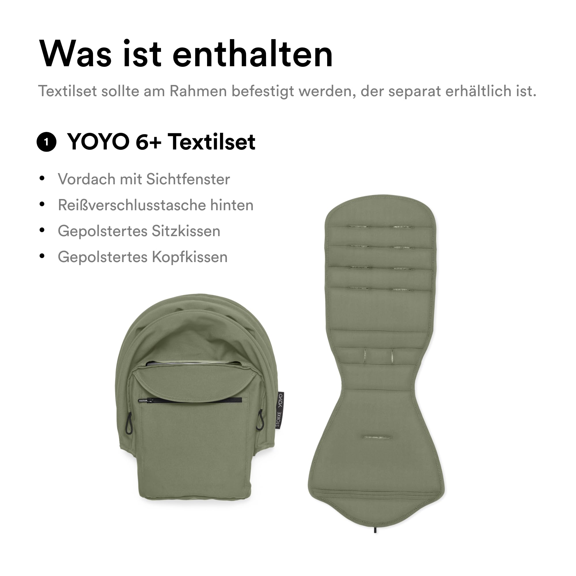 Stokke YOYO 6+ Farbpaket, Olive - Nur Textilien: Sitzpolster, ausziehbares Verdeck & Reißverschlusstasche hinten - Erfordert YOYO-Rahmen (separat erhältlich)