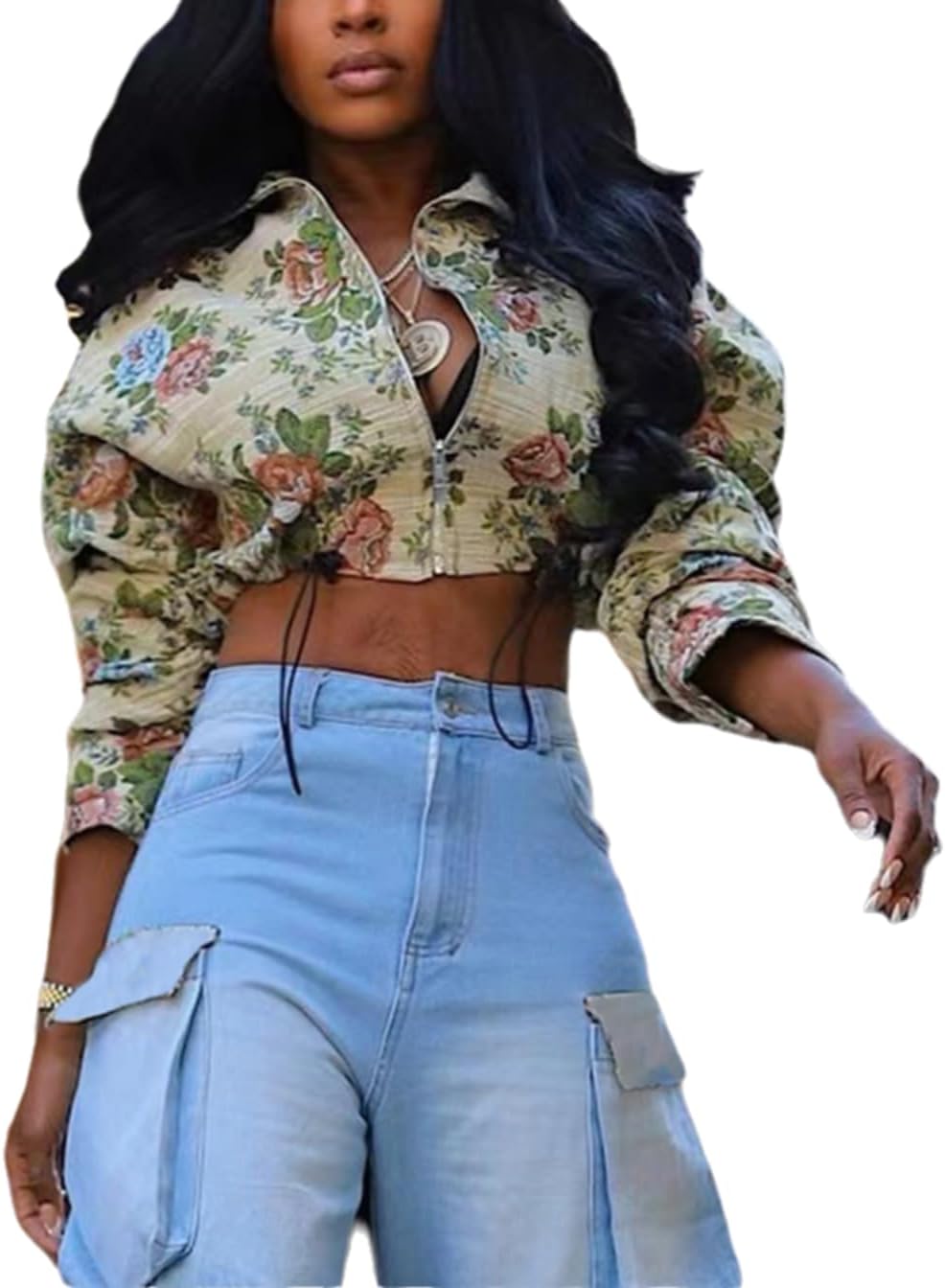 Cropped Bomber Jacket Women Floral Jacquard Long Sleeve Zip Up Cute Cropped Jacket Women Trendy 2025