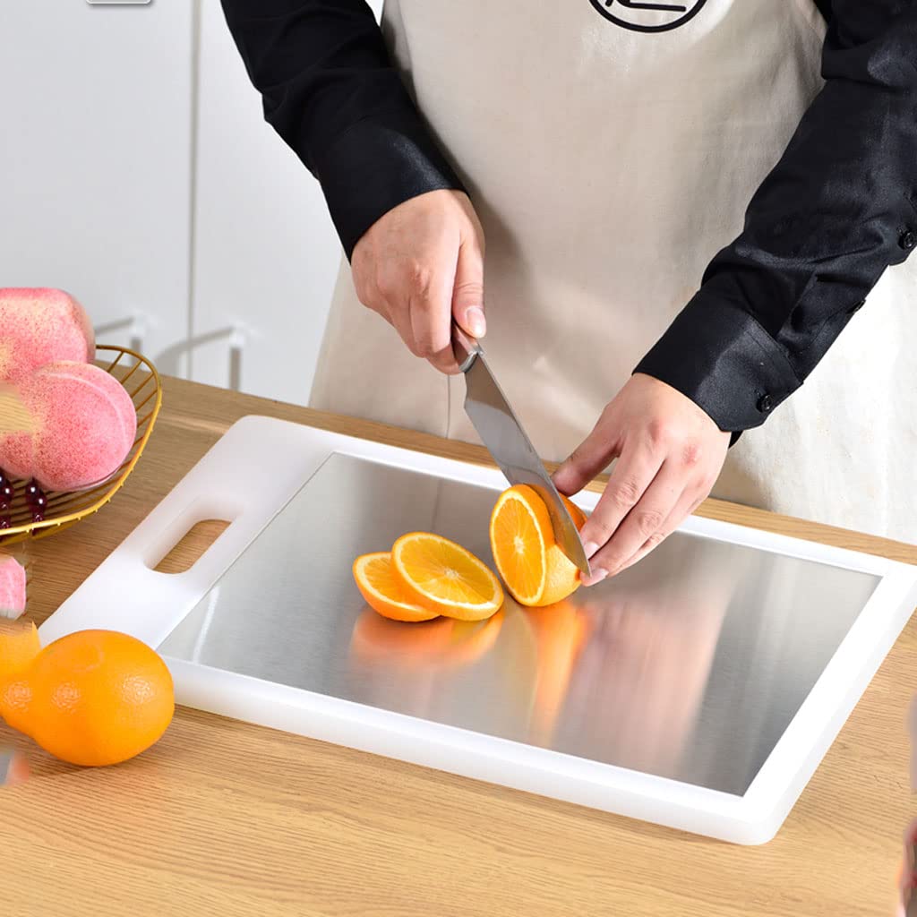 Tabla De Cortar Profesional De Doble Cara De Acero Inoxidable Y Plástico 2 En 1 con Mango para Cocina, Tabla De Cortar Carne L