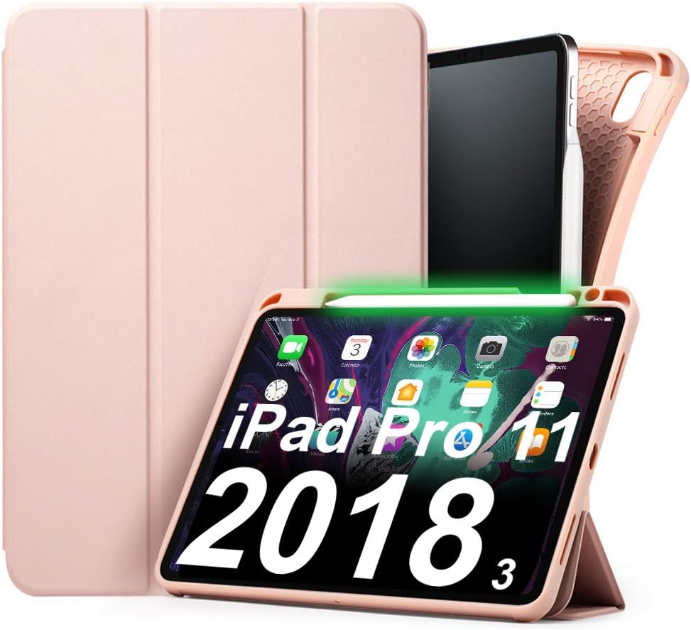 Aunote Case for iPad Pro 11 inch 2018, Ultra Slim Smart Cover with Apple Pencil Charging Holder, Auto Wake/Sleep, Trifold Support Stand. Lightweight PU Leather Folio, Full Body Protective. Rose Gold