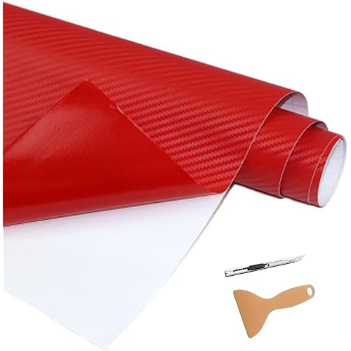 ZXLRUUO 3D Carbon Fiber Vinyl Wrap,Thickened Car Vinyl Wraps Matte Carbon Fiber Car Stickers for Car Exterior Interior Protection with Knife&Scrapers Vinyl Roll 60x12 inch (Red)