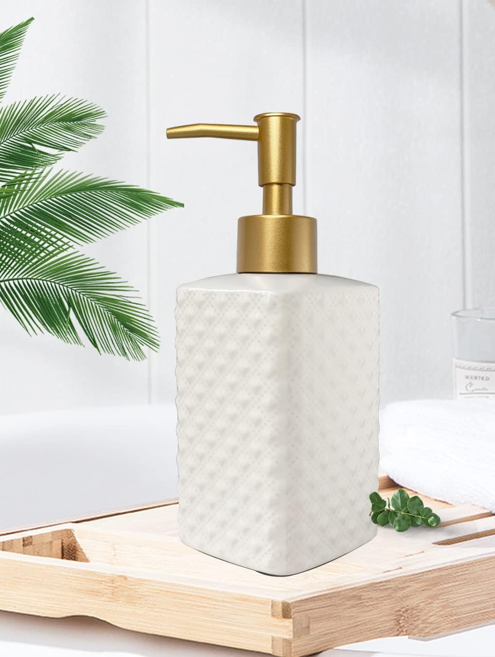 Chic Unique White Soap Dispenser for Bathroom with Golden Pump,Lotion Dispenser, Refillable Countertop Ceramic Hand Dispenser,Dish Dispenser for Kitchen 350ml(White Square Bottle) - Image 2