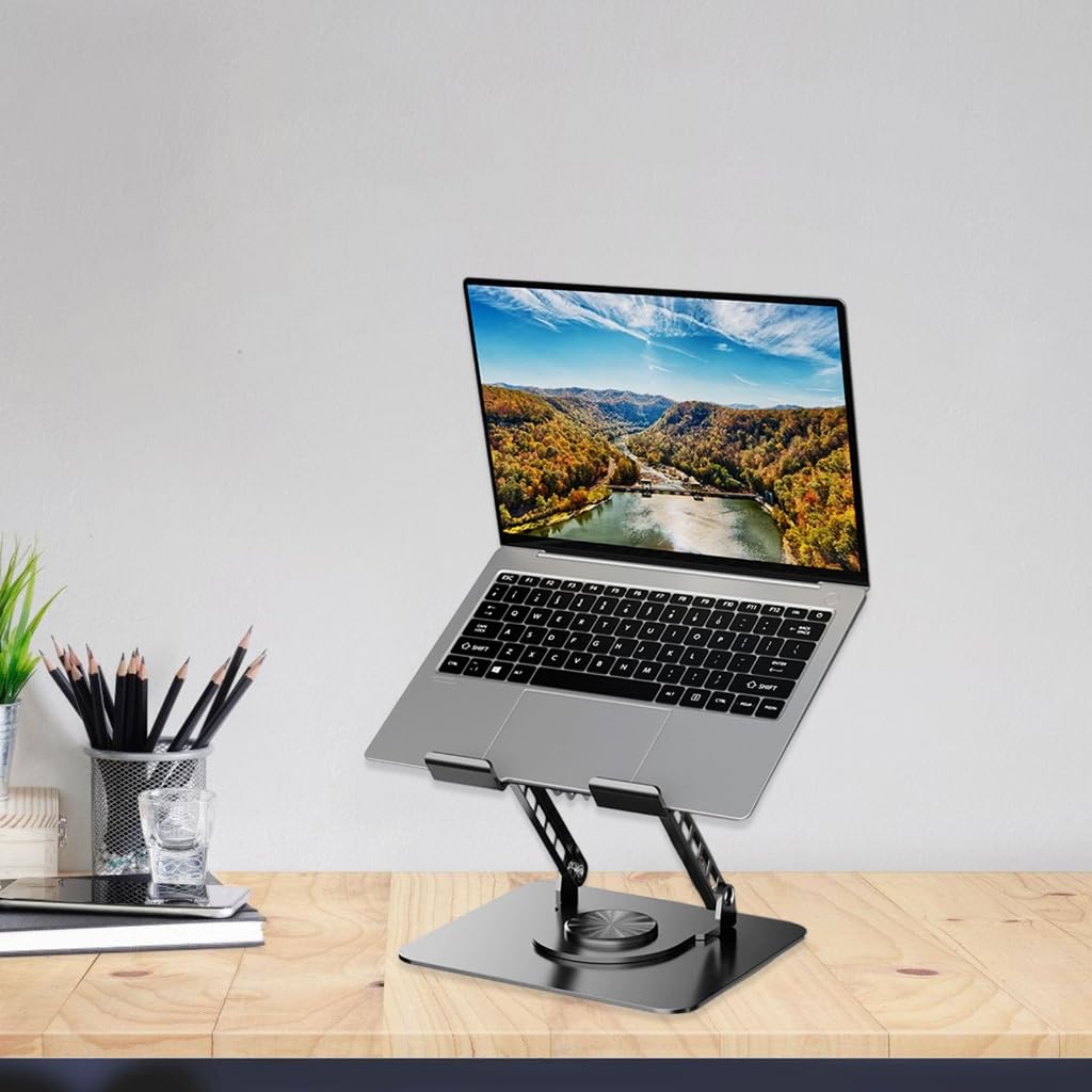 Soporte de aluminio resistente para laptop con rotación de 360 grados y ajuste ergonómico de altura para portátiles de 17.3 pulgadas