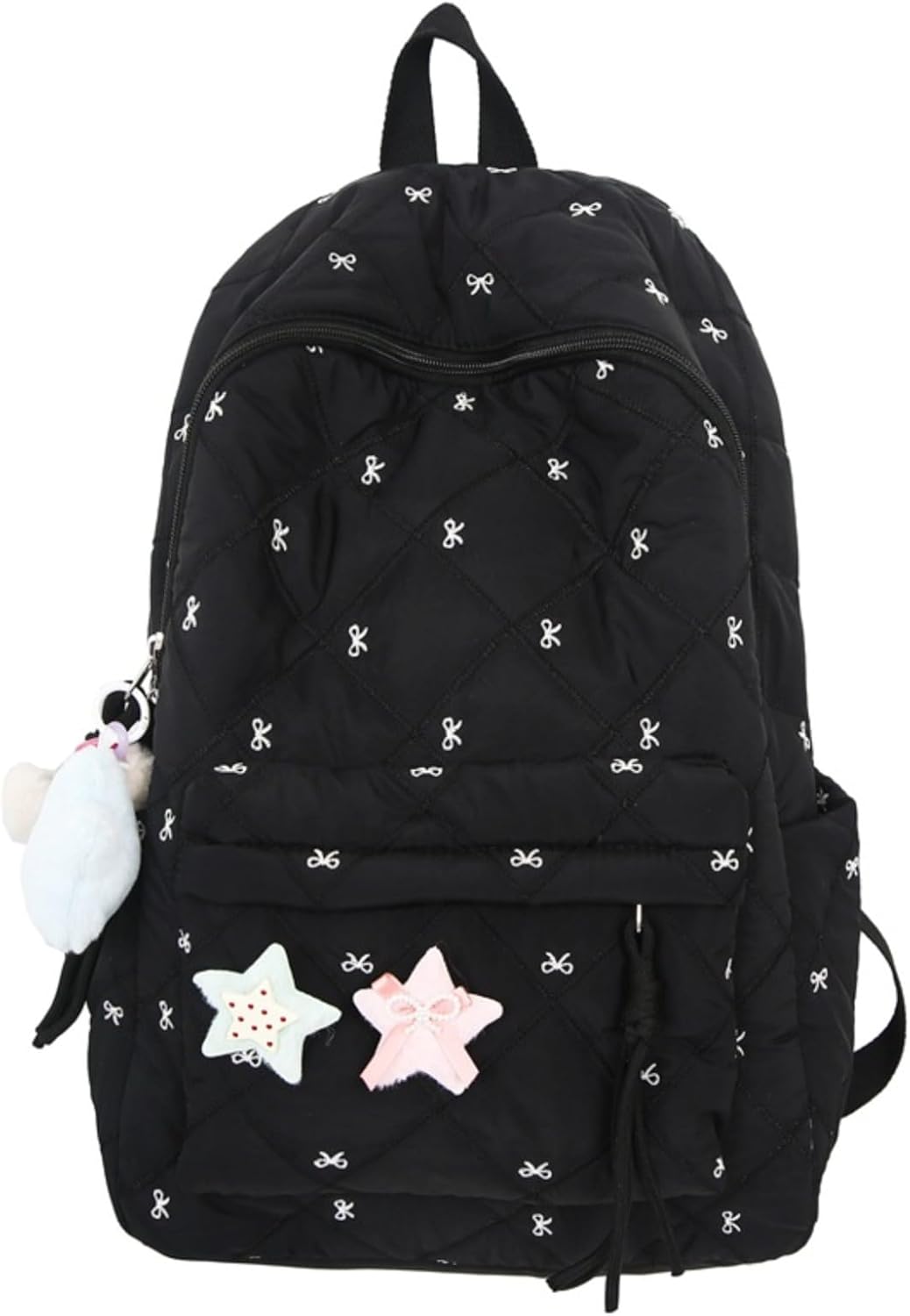 Women's Quilted Cute Aesthetic Backpack Bow Print Lightweight Puffer Laptop Book Bag for College Travel Daypack (White)