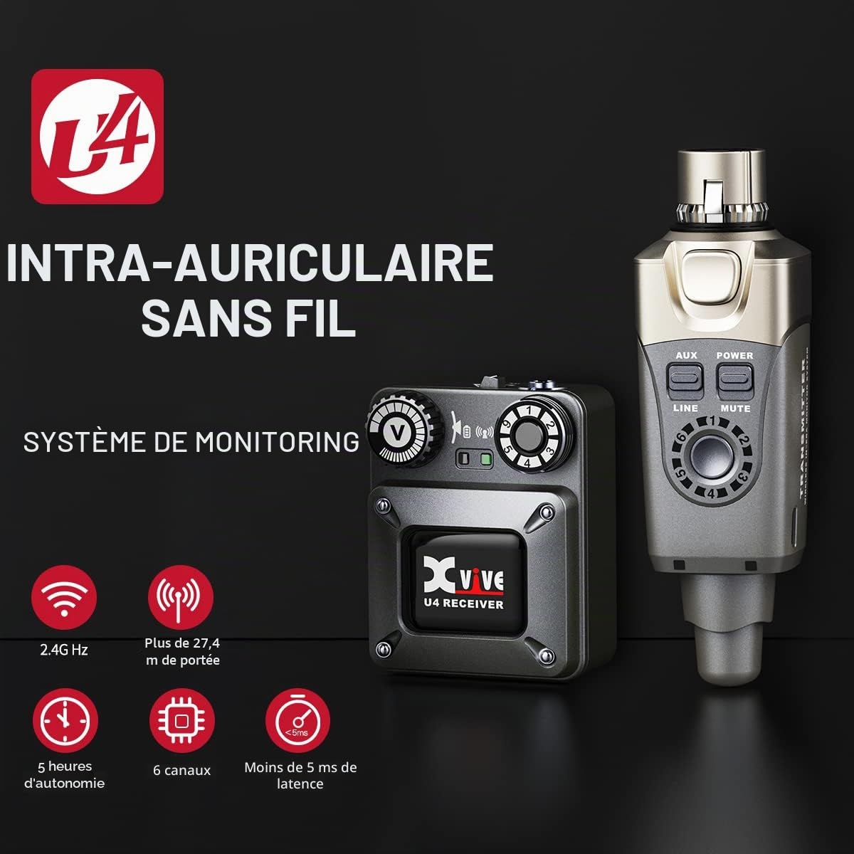 Xvive U4R2 Système sans Fil in-Ear Monitor Système IEM à 2 Récepteurs et 1 Transmetteur pour Les répétitions et Les Concerts de L'orchestre
