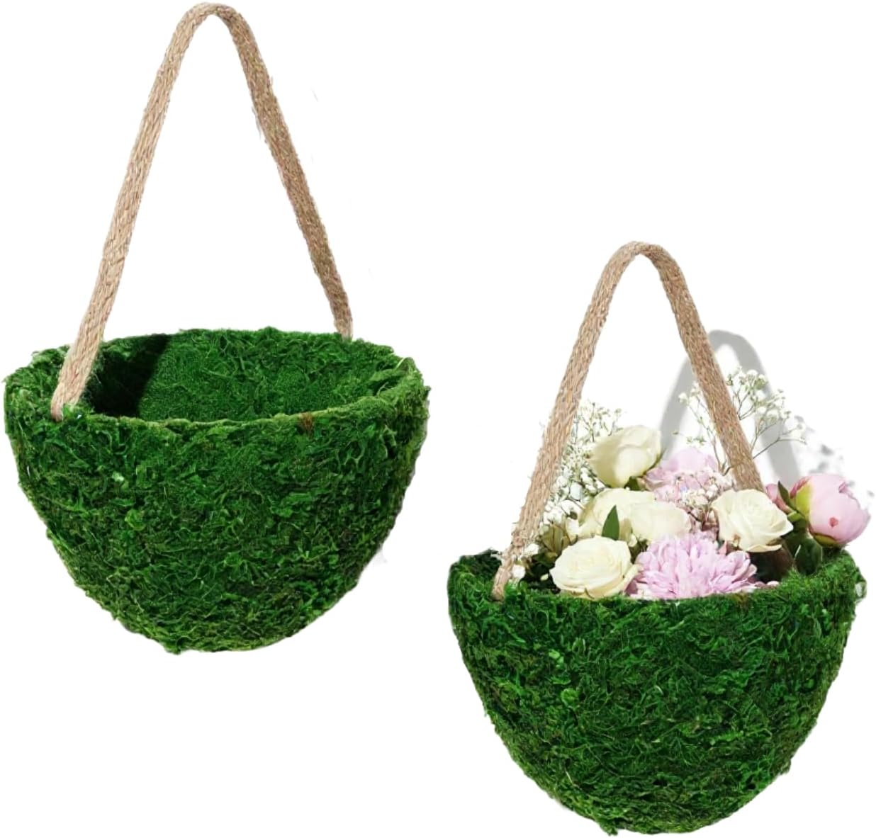 Leinuosen 2 Pcs Wedding Flower Baskets with Handles, Green Moss Rustic Baskets for Farmhouse Wedding Floral Decoration Flowers Petal Candy Storage Gifts and Home Supplies