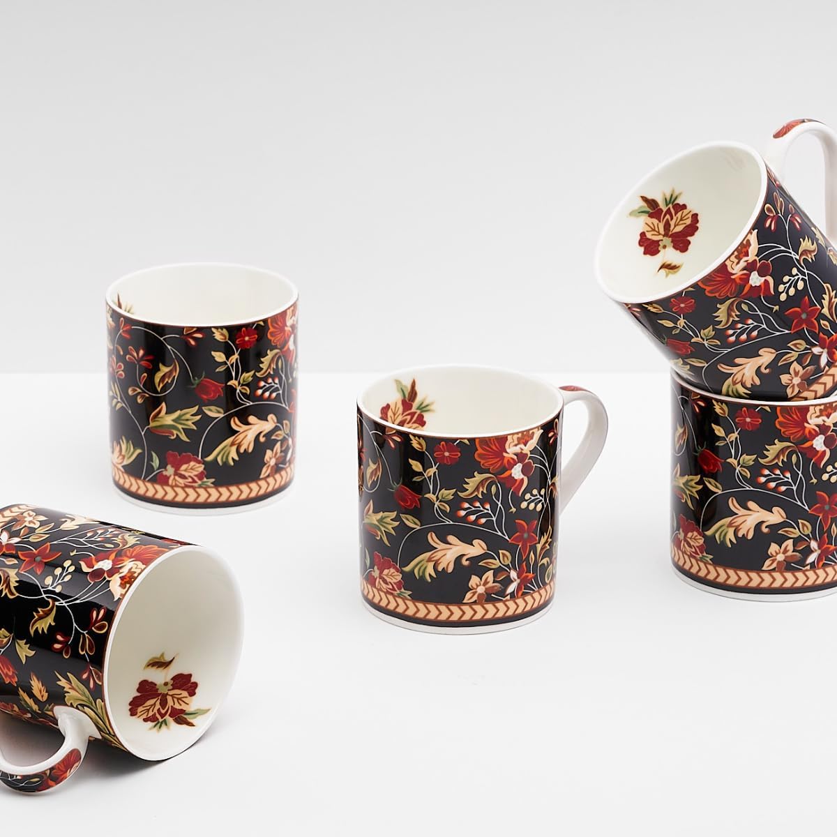 GOLDEN QUEEN'S Bone China Handcrafted Floral Tea Cups - Set Of 6 | Microwave Safe | Perfect For Daily Use, Elevate Your Tea And Coffee Experience - Enchanted Night Garden, 200 Ml