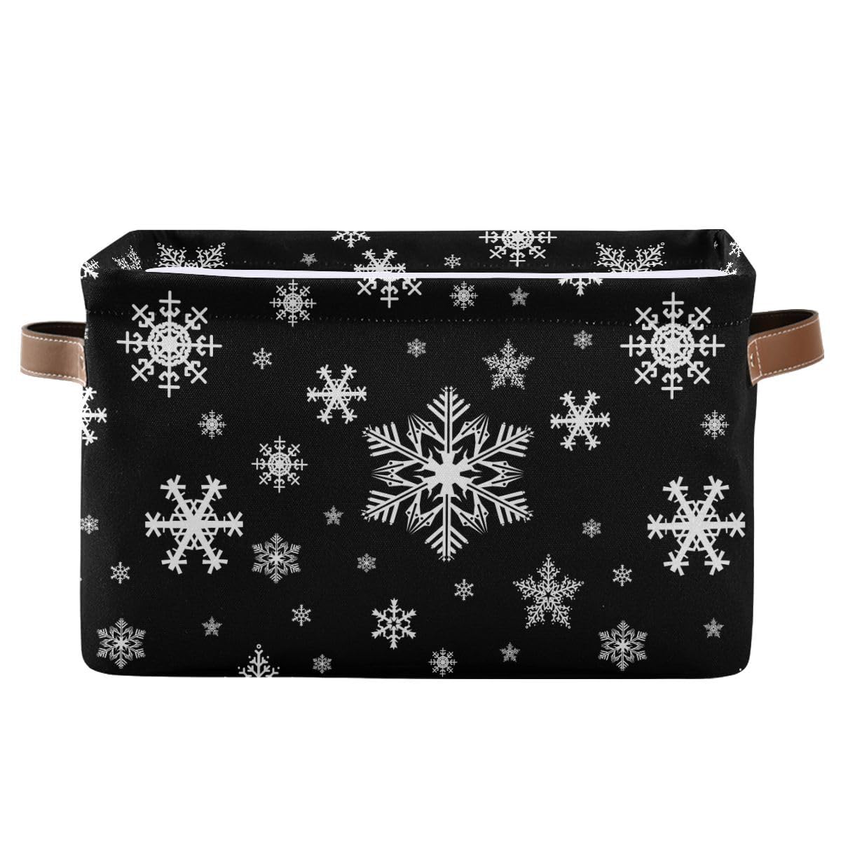 Wamika Winter Snowflake Black Storage Basket Fabric Kitchen Baskets Christmas Holiday Open Home Storage Bins Boxes Foldable Organizer Bag for Baby Cloth Xmas Baskets 16×12×8 Inches