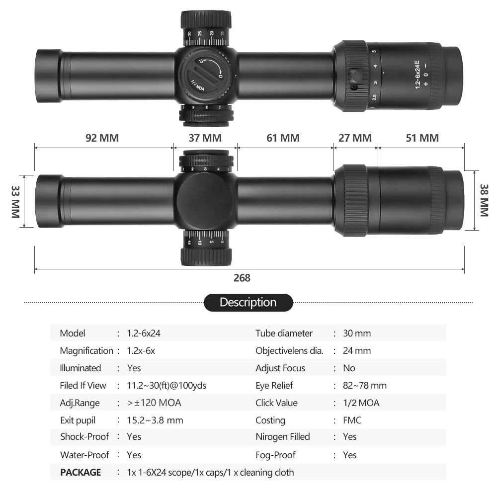 SPINA OPTICS Lunette de visée 1.2-6x24 SFP Lunette de tir Lunette Second Plan Focal, 30mm Tube mil Dot Reticle 1/2 MOA Tourelle Reset Lock riflescope avec Monture d'anneau 20mm