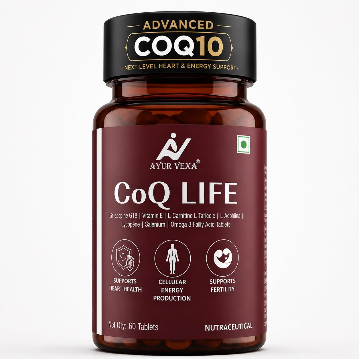 coq10 omega3 l-carnitine Buy Ayurvexa CoQ 10 Life | CoEnzyme Q10 200mg with Omega-3, L-Tartrate, L-Arginine, Vitamin E & Lycopene | Heart Health, Cellular Energy & Antioxidant Protection | Selenium 40mcg Carnitine plays a critical Merck Frontiers | Revolutionizing Lyme Serves:120 caps
