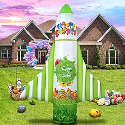 Easter Inflatable Rocket Outdoor Decorations 8FT Blow Giant Lighted Green Spaceship Takes New Born Eggs Decor for Easter Yard Garden Lawn Indoors Home Holiday