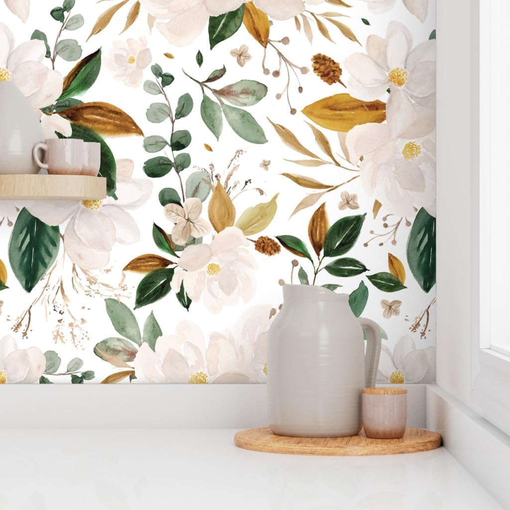 Peel & Stick Wallpaper Swatch - Gold Floral Magnolias Flowers White Custom Removable Wallpaper by Spoonflower
