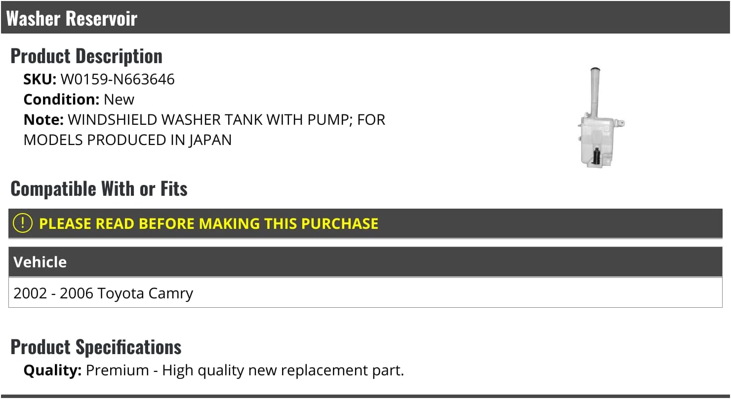 Windshield Washer Fluid Reservoir Tank - with Pump - Compatible with 2002-2006 Toyota Camry