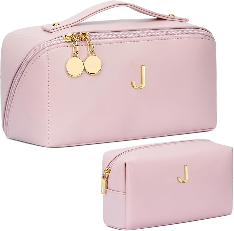 Necessaire de maquiagem CLOUDWINGS personalizada com inicial, rosa, design aberto e compartimentos