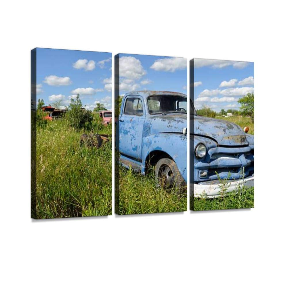 Blue Pickup Truck in Junkyard Under Summer Skies Old Truck in Fields Print On Canvas Wall Artwork Modern Photography Home Decor Unique Pattern Stretched and Framed 3 Piece