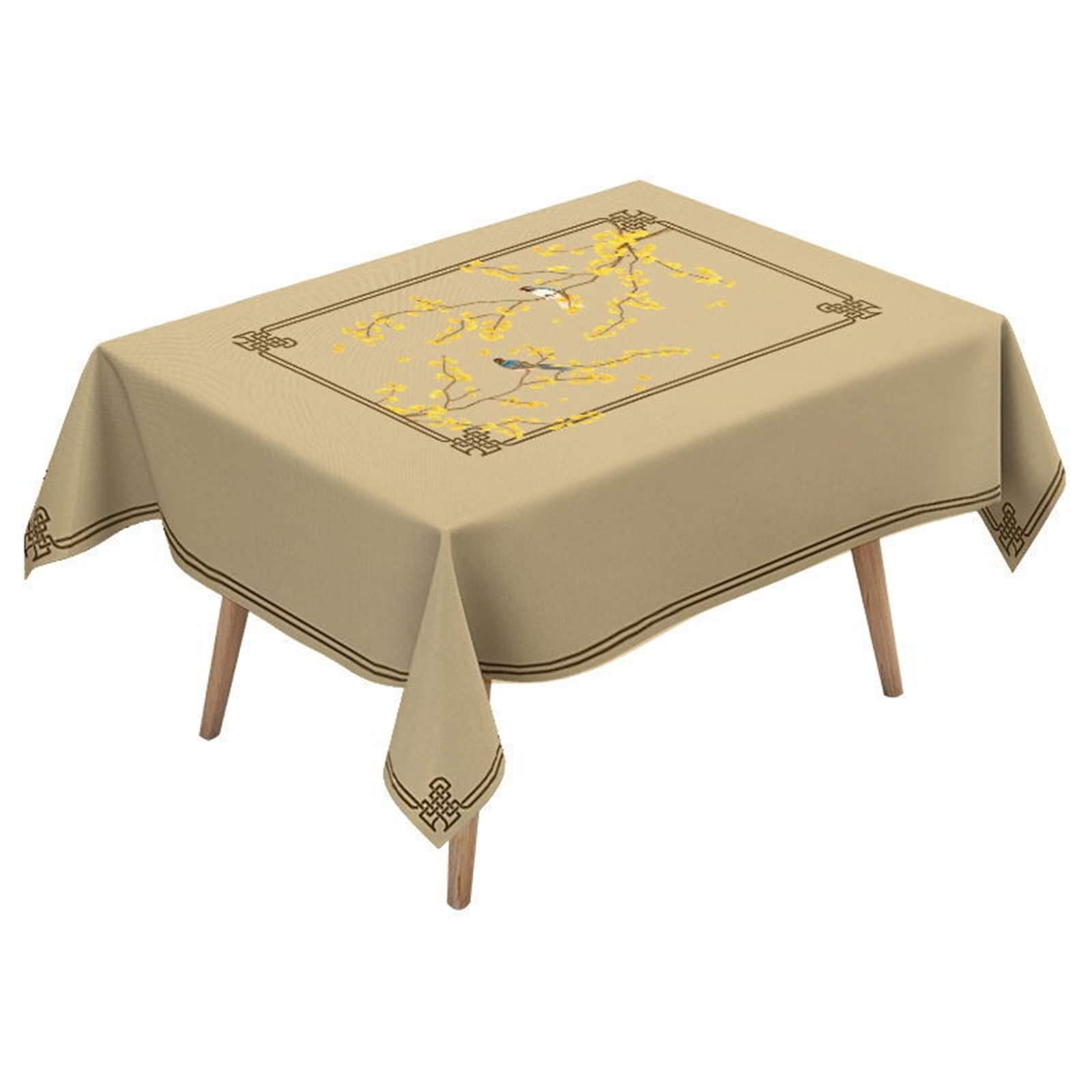 Nappe oiseaux et branche de fleur en coton lin kaki de table rectangulaire 140x230 cm