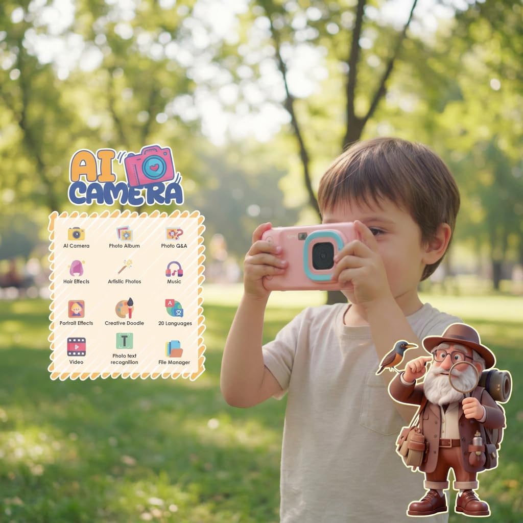 Bemi Pixi Aparat Edukacyjny dla Dzieci z AI, 4" Ekran Dotykowy, Rozpoznawanie Obrazów AI, Interaktywna Nauka, Aparat 5MP, 16GB, Wi-Fi, Android, Różowy (Różowy)