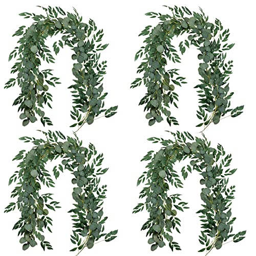 Falflor 4 x grüne Girlande aus Mischgewebe, 1,8 m, künstliche Eukalyptus und Weidenblätter, Girlande, Tischläufer, Rankengirlande für Weihnachten, Hochzeit, Heimdekoration Cover